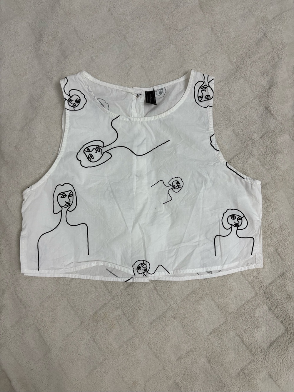 White Cropped Tank with Black Line Art Faces